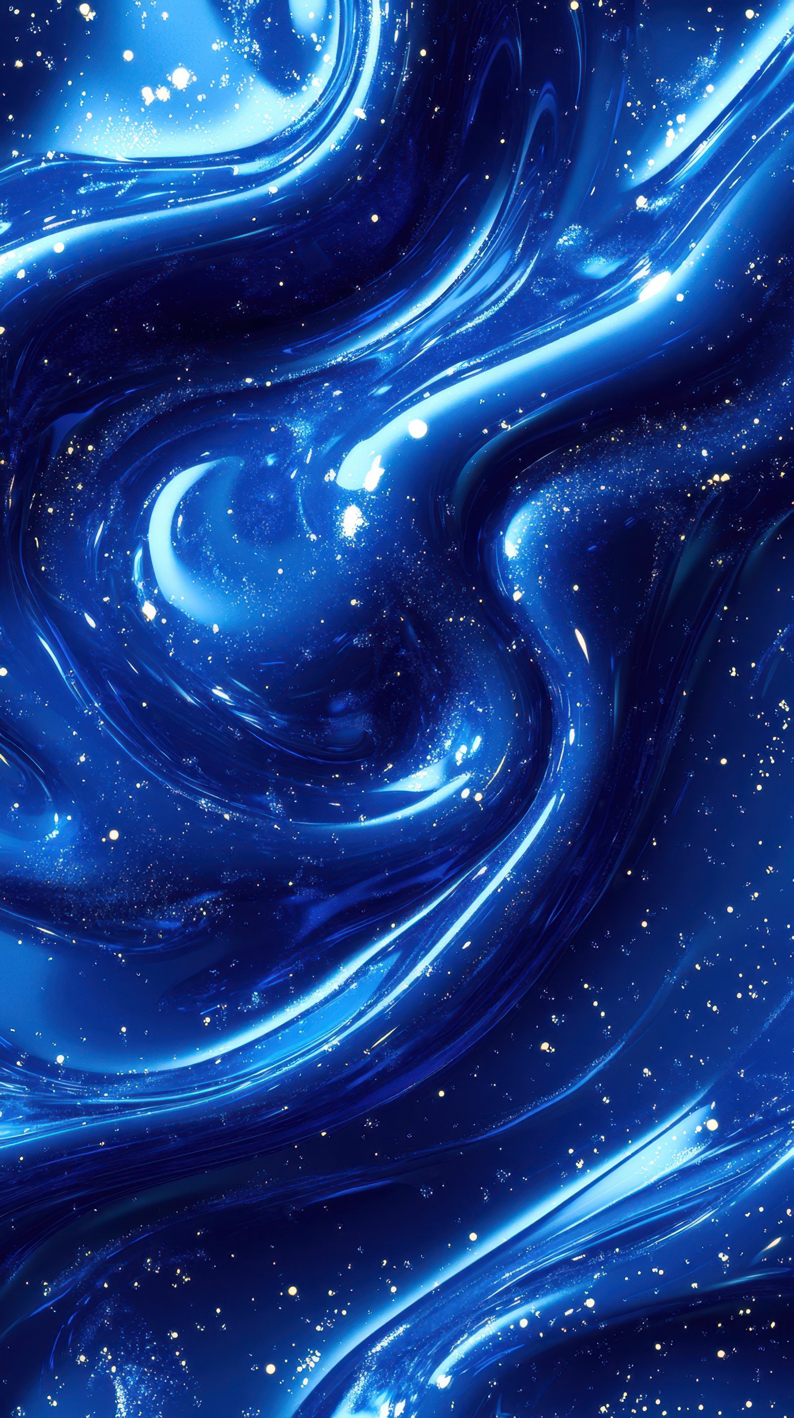 Swirling blue cosmic backdrop with shimmering stars and fluid textures creates an enchanting visual experience